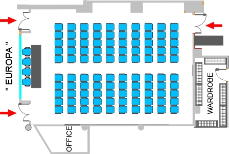 Nell'immagine, la planimetria della sala meeting Europa dell'Hotel Galileo Padova con allestimento platea.