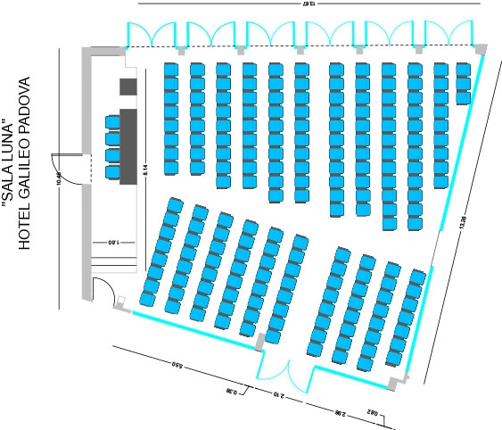 Nell'immagine, la planimetria della sala meeting Luna dell'Hotel Galileo Padova con allestimento platea.