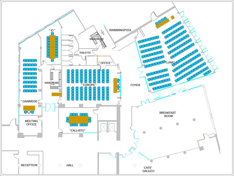 Nell'immagine, la planimetria del Centro Congressi Giove dell'Hotel Galileo Padova con le sale meeting.